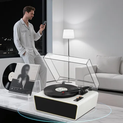Miniatura 10 de Tocadiscos de vinilo de tamaño completo, tocadiscos Bluetooth de 3 velocidades con estilo Ruby, contrapeso ajustable, 4 altavoces estéreo