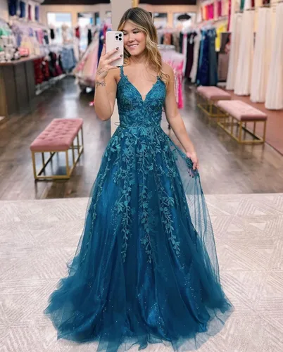 Miniatura 3 de Vestidos de graduación de tul con purpurina para mujer, cuello en V, apliques de encaje, vestidos largos de baile, tirantes delgados, vestido