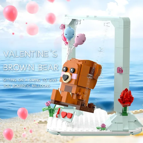 Miniatura 6 de Nubee Juguetes de construcción de oso marrón de San Valentín compatibles con Lego, lindos juegos de construcción de osos oscilantes con corazón