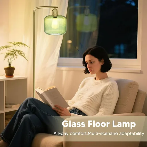 Miniatura 7 de Lámpara de pie de cristal para sala de estar, moderna lámpara de pie con pantalla de vidrio acanalado verde e interruptor de pedal, lámpara de pie