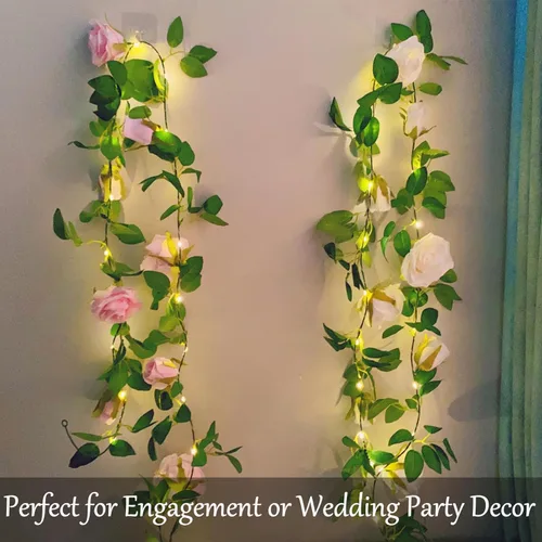 Miniatura 2 de Guirnalda de flores artificiales Fielegen con 20 luces de cadena LED, guirnalda de rosas colgantes de 2 metros con decoración de luces para jardín