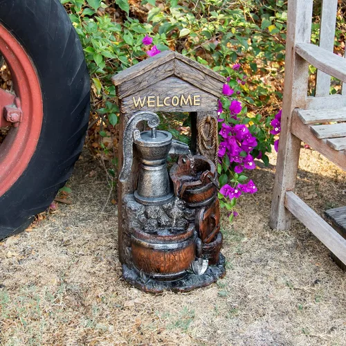 Miniatura 2 de Alpine Corporation ZEN576S - Bomba de agua de diseño rústico para exteriores y fuente de suelo de barril, letrero de bienvenida, 24 pulgadas
