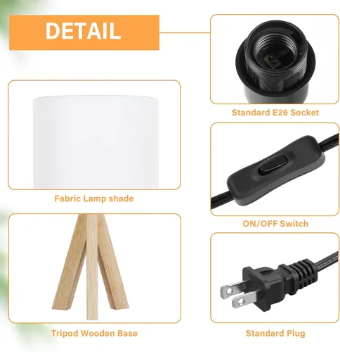 Miniatura 3 de Lámpara de mesa pequeña de madera, lámpara de mesa de trípode de madera con pantalla de tela blanca, linda lámpara de mesa boho minimalista