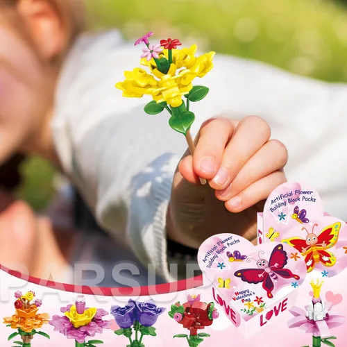 Miniatura 5 de PARSUP 30 piezas de regalos del día de San Valentín para niños, 6 bloques de construcción de flores artificiales diferentes con cajas de regalo