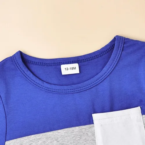 Miniatura 28 de Ropa para bebé niño pequeño, trajes de verano de manga corta, camiseta de retazos y pantalón con bolsillo, conjunto de 2 piezas, 12 meses a 4 años