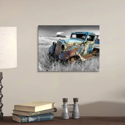 Miniatura 3 de SunFlax Arte de Lienzo de Pared de Carro Oxidado: Obra de Arte de Camión Azul Viejo Cuadro Rústico de Automóvil Pintura Vintage de Campo Antigua