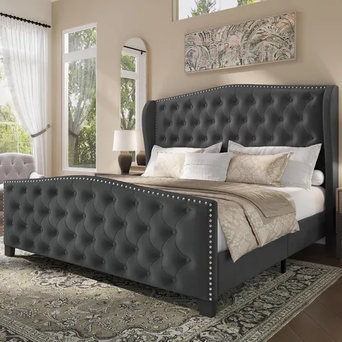 Miniatura 11 de BRELTAM Marco de cama tapizado tamaño Queen en terciopelo color beige con cabecera y pie de cama acolchados con botones profundos y soporte