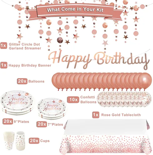 Miniatura 3 de Suministros de fiesta de cumpleaños de oro rosa para 20 invitados, pancarta de feliz oro rosa, guirnalda de puntos circulares con purpurina
