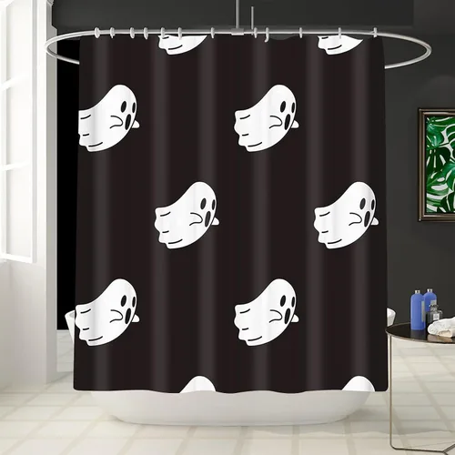 Miniatura 2 de Cortina de ducha decorativa, divertidos iconos de fantasmas blancos, lindo patrón espeluznante de Halloween, juego de cortina de ducha de poliéster 1