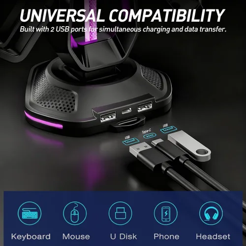 Miniatura 5 de Soporte para auriculares RGB con 9 modos de luz y 2 puertos de carga USB, soporte para controlador para escritorio, soporte para auriculares