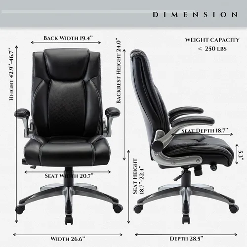 Miniatura 3 de MALOL Silla ergonómica de oficina ejecutiva con cuero grueso adherido, reposabrazos abatibles, respaldo alto, altura ajustable e inclinación