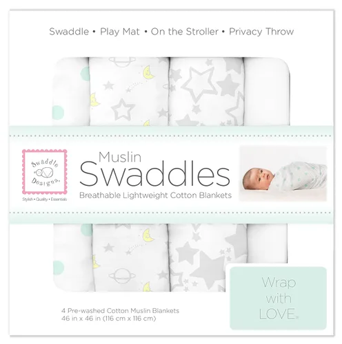 Miniatura 21 de SwaddleDesigns Juego de 4 mantas de muselina de algodón para bebé, niño y niña, mantas neutras para recién nacido, registro de bebé y regalo, 46 x
