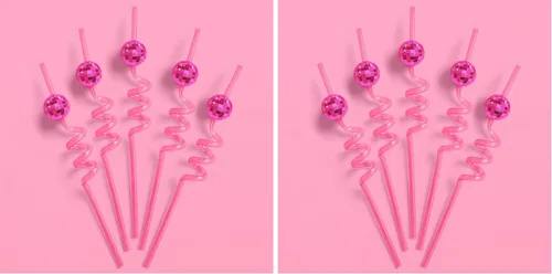 xo, Fetti Juego de pajitas espirales de bola de discoteca rosa, 16 piezas, decoraciones de fiesta de cumpleaños de eras, regalo de fiesta de club de