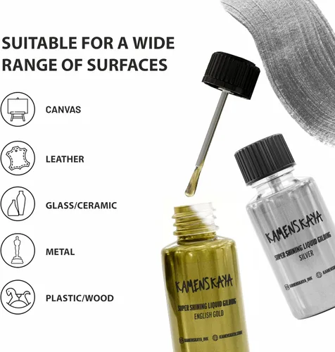 Miniatura 5 de KAMENSKAYA Liquid Leaf Paint - Juego de Pintura Dorada - Oro Rico e Inglés, Plata, Bronce, Cobre, Oro Blanco - 6 pzs. 0.68 fl oz (20 ml) Cada Una