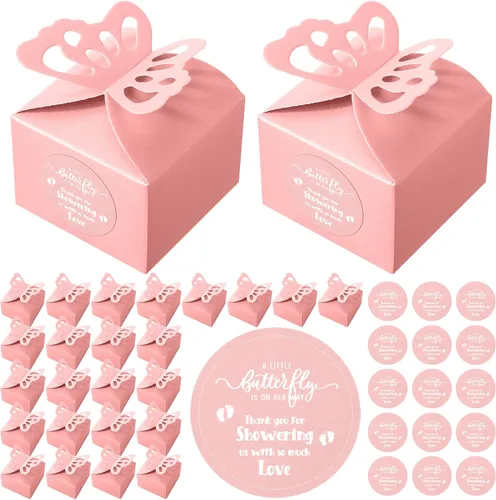 Fulmoon 100 cajas de regalo de mariposa para baby shower, cajas de regalo de mariposa rosa, caramelo rosa, regalo de baby shower con 100 etiquetas