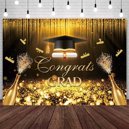 AIBIIN Telón de fondo de graduación de 7 x 5 pies, color negro y dorado con purpurina, decoraciones de fiesta de graduación de clase de 2024,