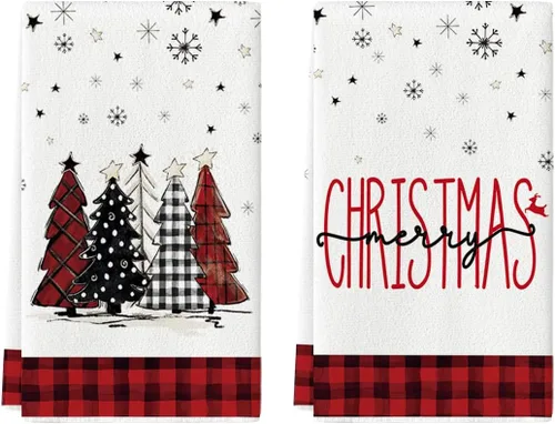 Miniatura 7 de Artoid Mode Toallas de cocina con estampado de búfalo de Merry Christmas, toallas de cocina de invierno con árboles de Navidad y estrellas, toallas