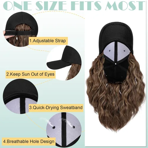 Miniatura 5 de Peluca de gorra de béisbol para mujer, gorra de béisbol con extensiones de cabello, gorra ajustable adjunta de 15 pulgadas, peluca sintética corta