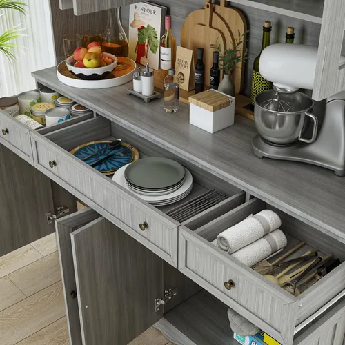 Miniatura 5 de AIEGLE Armario grande de cocina, armario de almacenamiento con puertas de vidrio, cajones y encimera, gabinete de almacenamiento de despensa