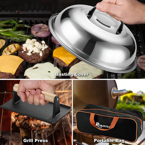 Miniatura 3 de ROMANTICIST - Juego de 29 piezas de accesorios para parrilla - Juego de espátulas Teppanyaki de parte superior plana con raspador, cubierta