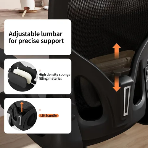 Miniatura 4 de Monhey Silla de oficina ergonómica con soporte lumbar, altura ajustable, brazos abatibles 2D, malla negra transpirable, cómoda silla de escritorio