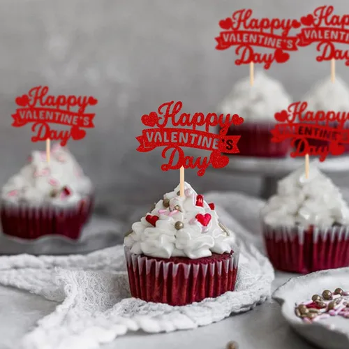 Miniatura 3 de Rsstarxi Paquete de 24 adornos para cupcakes para el día de San Valentín, con purpurina roja, dulce amor, para cupcakes, decoración de San Valentín