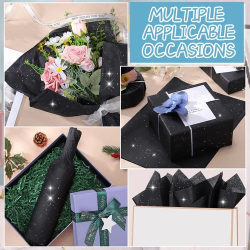 Miniatura 6 de woric 135 hojas de papel de seda negro para bolsas de regalo de 20 x 14 pulgadas, papel de seda con purpurina a granel con brillo para envoltura