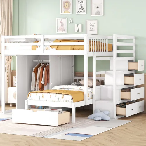 Miniatura 15 de RUNNA Litera matrimonial sobre individual con escritorio, cajones y escaleras, litera de madera maciza para niños, niñas, adolescentes y adultos