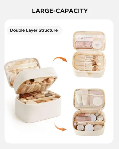Miniatura 2 de HBlife Bolsa de maquillaje de viaje de doble capa, portátil, bonita bolsa de cosméticos de cuero, bolsa grande de maquillaje, organizador de Beige
