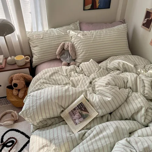 Miniatura 41 de AOJIM Blue & Brown Striped Duvet Cover Set Twin Size 100% Washed Cotton Stripe Bedding Set 3-Piece, Soft Zipper Comforter Cover and 2 Pillowcases
