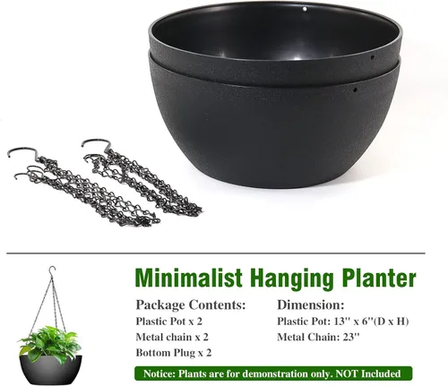 Miniatura 7 de WOUSIWER Paquete de 2 macetas colgantes grandes de 13 pulgadas para plantas de interior y exterior con agujeros de drenaje y cadena, macetas