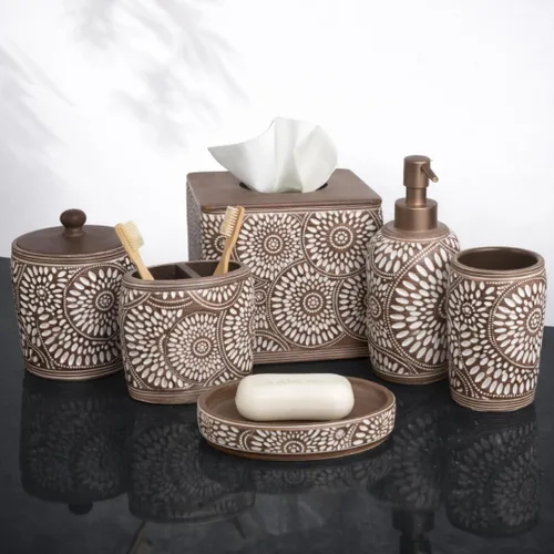 Miniatura 8 de Decozen Juego de 6 accesorios de baño, dispensador de jabón, soportes para cepillos de dientes, vaso, jabonera y tarro de hisopo de algodón