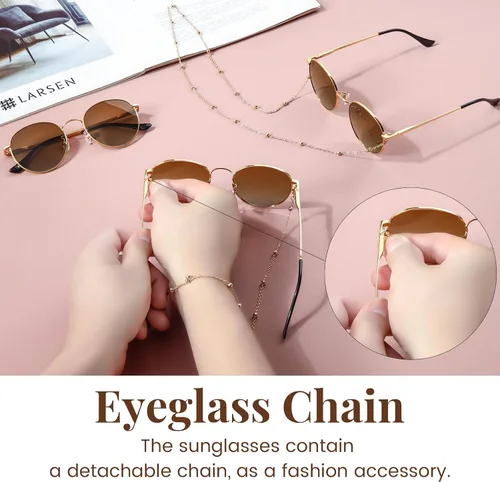Miniatura 6 de Veda Tinda Vision Gafas de sol redondas pequeñas vintage clásicas retro para mujeres y hombres, protección UV400 con cadena