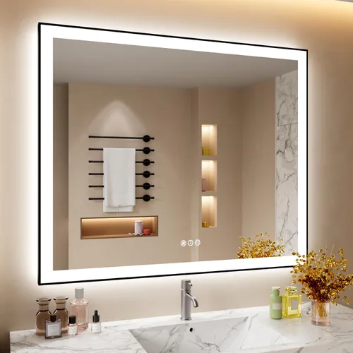 Miniatura 80 de Espejo de baño LED de 60x36 pulgadas con marco negro, espejos de baño retroiluminados y con luz frontal para pared, antiempañamiento, regulable