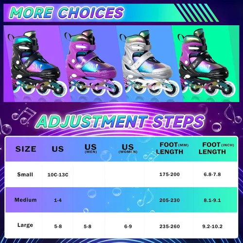 Miniatura 7 de Nattork Patines en línea ajustables para niños y adolescentes con ruedas iluminadas, color degradado, deslizamiento suave Negro