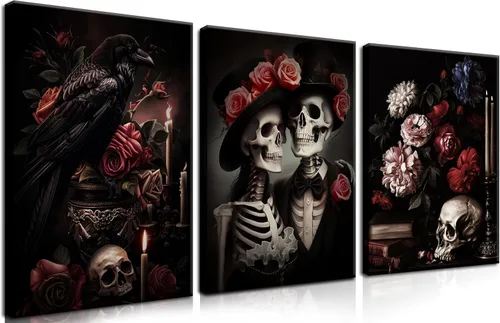 Miniatura 11 de Juego de 3 lienzos góticos para pared, diseño de rosas románticas de Halloween, decoración de pared, pósteres de calavera de cuervo gótico oscuro