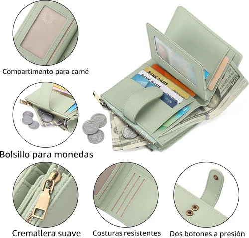Miniatura 6 de GAEKEAO Cartera pequeña de cuero vegano con bloqueo RFID plegable para mujer, tarjetero compacto con bolsillo con cremallera y ventana