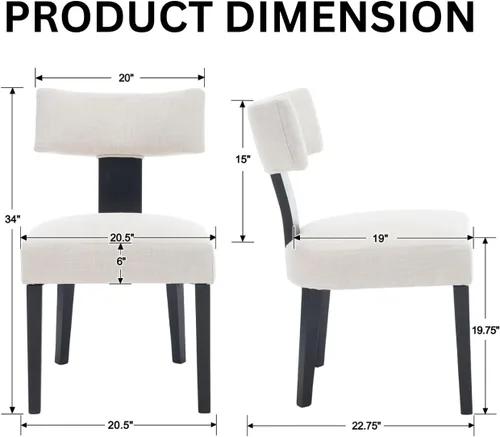 Miniatura 2 de Juego de 2 sillas de comedor de madera negra, modernas sillas tapizadas para comedor y cocina, asiento de lino beige y respaldo medio, silla