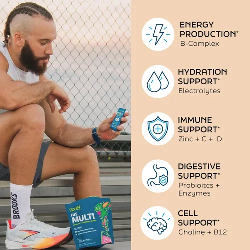Miniatura 4 de Root'd Multivitamínico en polvo para hombres – 24 vitaminas y minerales con 3 electrolitos, 9 superalimentos orgánicos, probióticos y enzimas