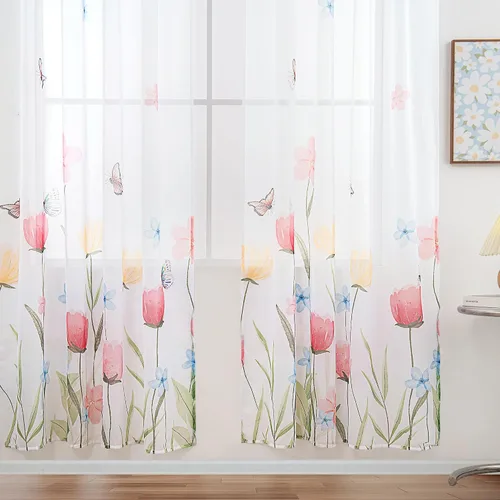 Miniatura 4 de youleyar Cortinas traslúcidas florales para sala de estar, 2 paneles de 54 pulgadas de largo, cortinas semitransparentes blancas con estampado