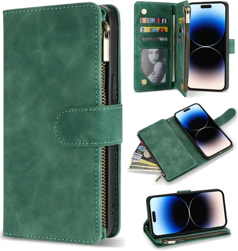 Miniatura 15 de ZZXX Funda tipo cartera para iPhone 14 Plus con [Bloqueo RFID] Ranura para tarjetas Cuero PU suave premium con cremallera tipo folio plegable