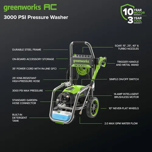 Miniatura 3 de Greenworks Lavadora a presión eléctrica Pro sin escobillas de 3000 PSI (certificado CSA) 2.0 GPM Max / 1.1 GPM