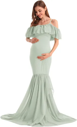 Miniatura 3 de MYRISAM Vestido de maternidad con volantes y hombros descubiertos para mujer, vestido de fiesta de sirena de gasa, vestido ajustado
