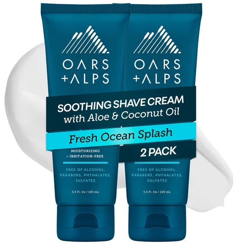 Oars + Alps Crema de afeitar calmante para hombre, probada por dermatólogos e infundida con aloe y aceite de coco, aroma fresco de salpicaduras