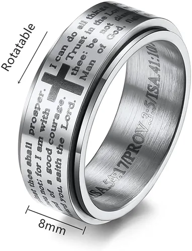 Miniatura 3 de Anillo inspirador de versículos de la Biblia giratorio, cruz y crucifijo de fe, anillo grueso para hombres y niños, de acero inoxidable