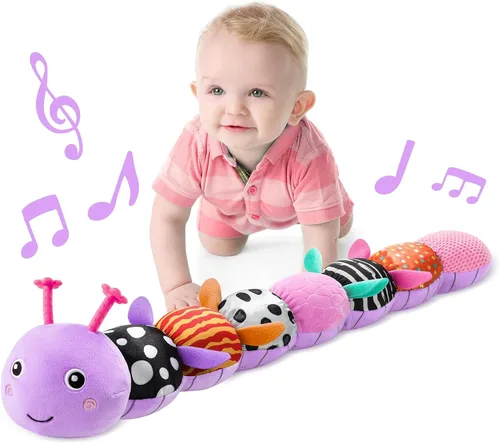 Miniatura 12 de LIGHTDESIRE Juguetes musicales para bebé, oruga, juguetes para bebés, animales de peluche con diseño de regla, espejo, cuerda de tirar y campana