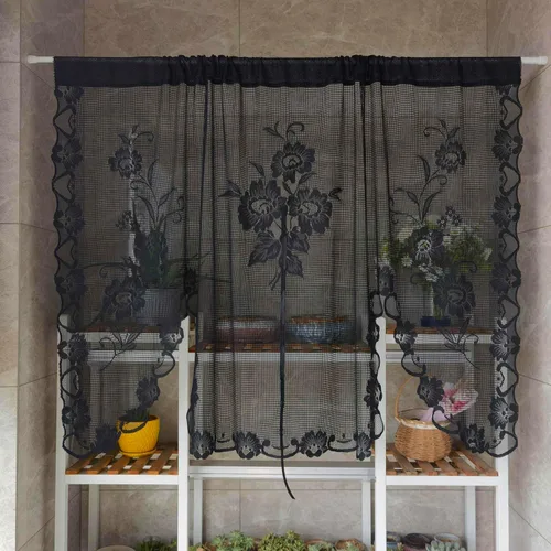 Miniatura 8 de Cenefa de cortina de encaje transparente con bordado floral negro, estilo princesa, estilo princesa, cenefa de cortina bordada en cascada