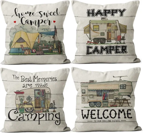 Paquete de 4 fundas de almohada para cámper, 18 x 18 pulgadas, blanco y azul marino, impresión de letras, RV y decoración del hogar