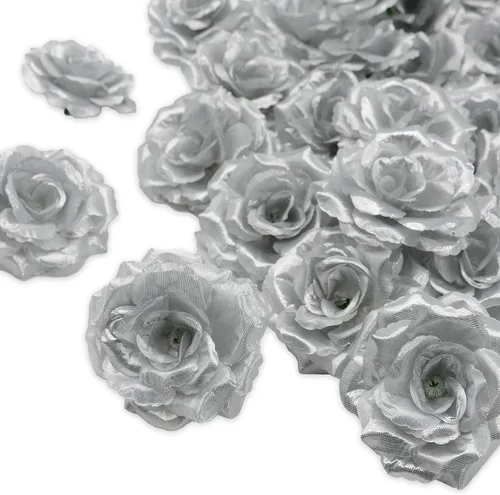 20 cabezas de rosas artificiales, flores artificiales a granel para manualidades, cabeza de flor de seda de rosa falsa de 3 pulgadas para Plata
