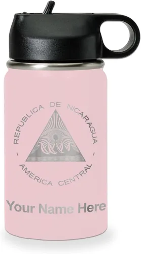 Miniatura 79 de LaserGram Botella de agua personalizada, bandera de Nicaragua, acero inoxidable de doble pared aislada al vacío con popote superior, regalo grabado